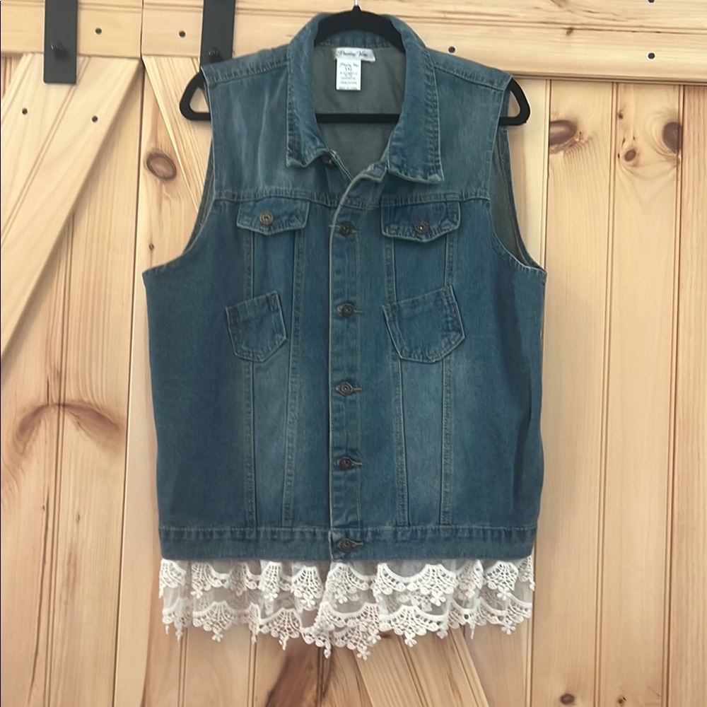 Denim Vest with Lace Trim